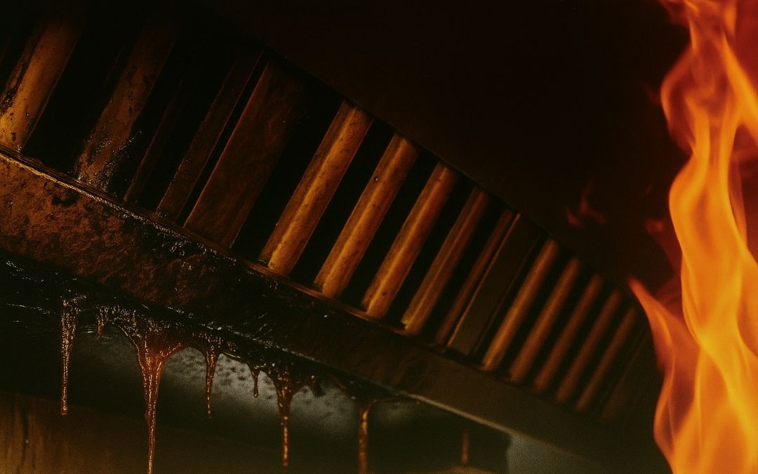 Grease-coated kitchen hood filter dripping oil next to orange flames, highlighting a dangerous fire hazard.