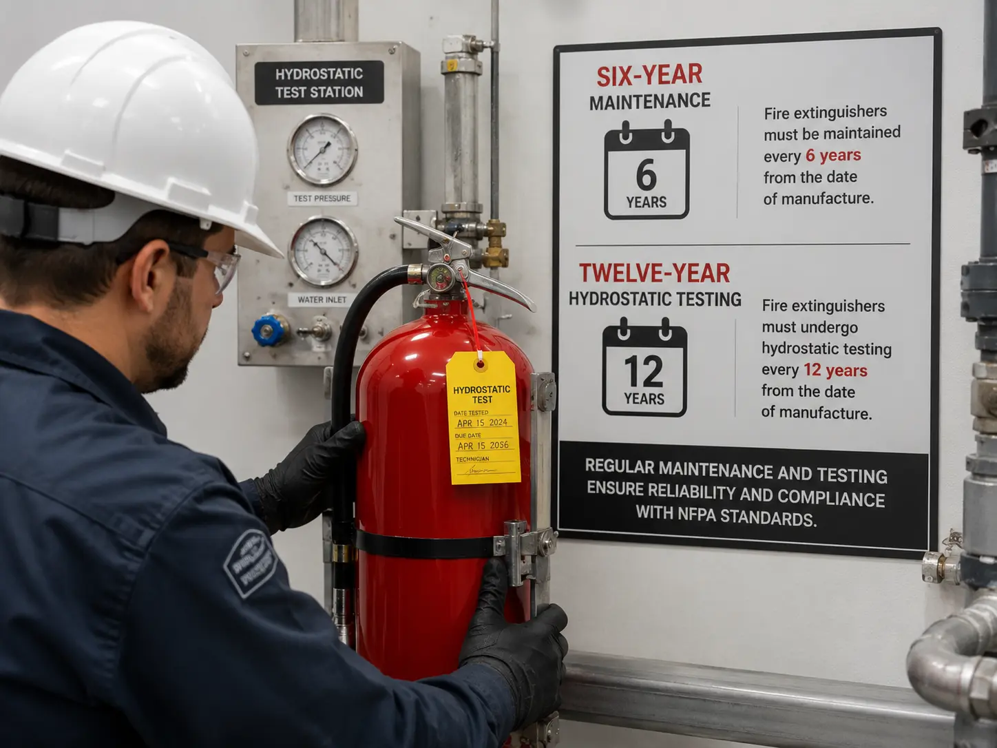Technician performing maintenance and hydrostatic testing on a fire extinguisher in a fire protection service facility, inspecting equipment and verifying compliance with long-term safety testing requirements.