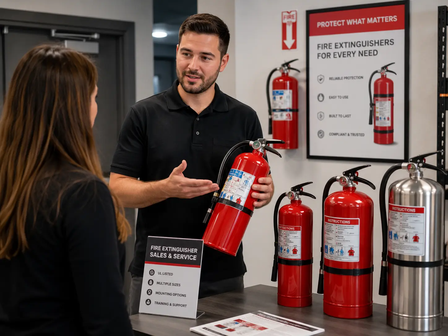Fire safety specialist demonstrating different fire extinguisher models to a customer in a commercial showroom, highlighting a range of fire extinguisher options for business and workplace safety applications.