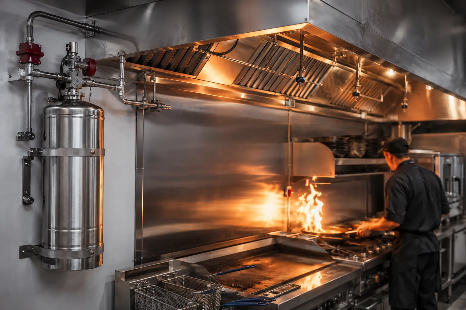 Busy kitchen with fire flare-up.