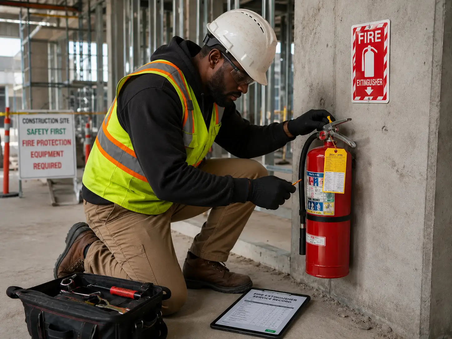 Technician inspecting fire extinguisher and documenting safety compliance records.