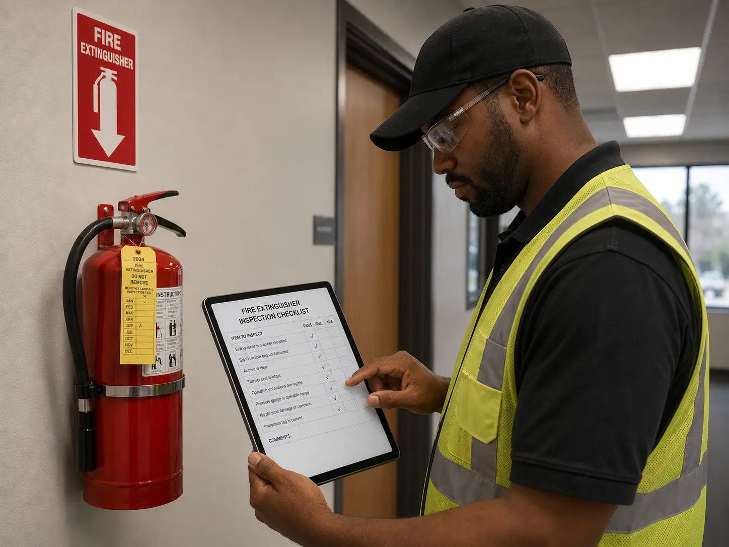 Safety technician wearing a high-visibility vest and protective eyewear conducting a fire extinguisher inspection in a commercial office hallway, checking inspection records on a clipboard beside a wall-mounted fire extinguisher.