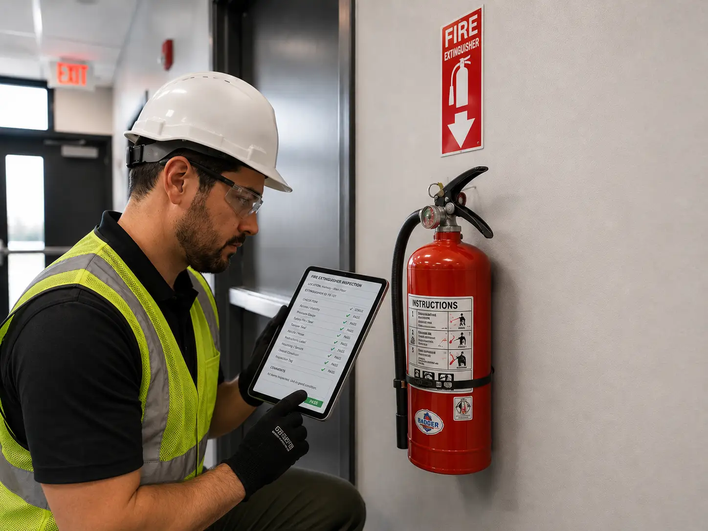 Technician inspecting fire extinguisher tag and updating maintenance records.