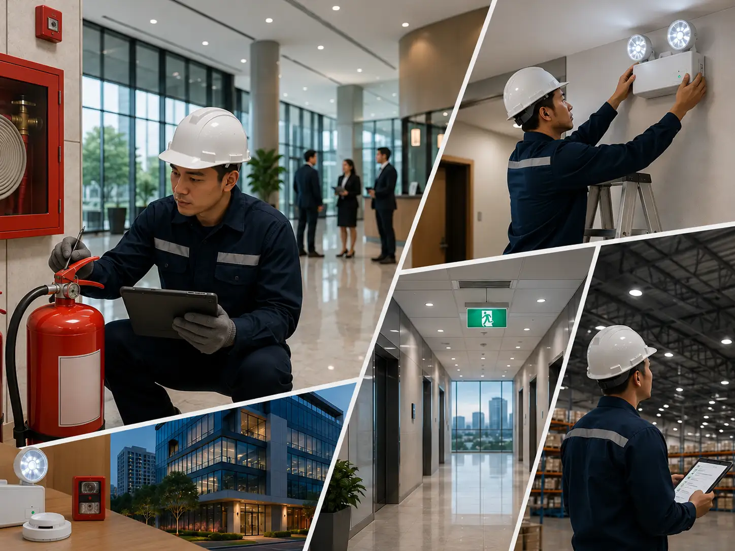 Commercial property fire safety service collage showing technicians inspecting fire extinguishers, installing emergency lighting, and conducting safety checks.