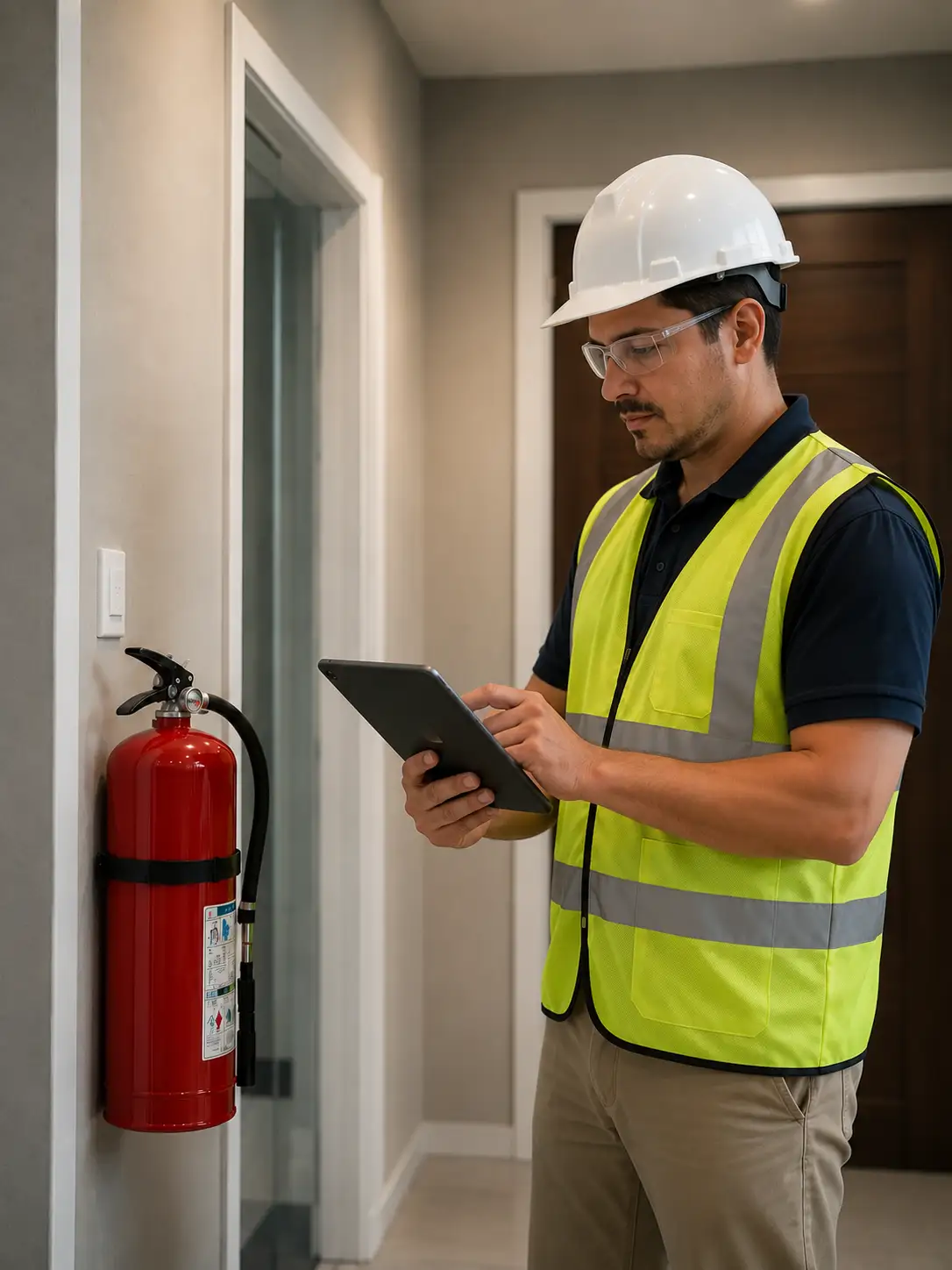 An inspector wearing a hard hat and safety glasses is completing a fire extinguisher inspection checklist.