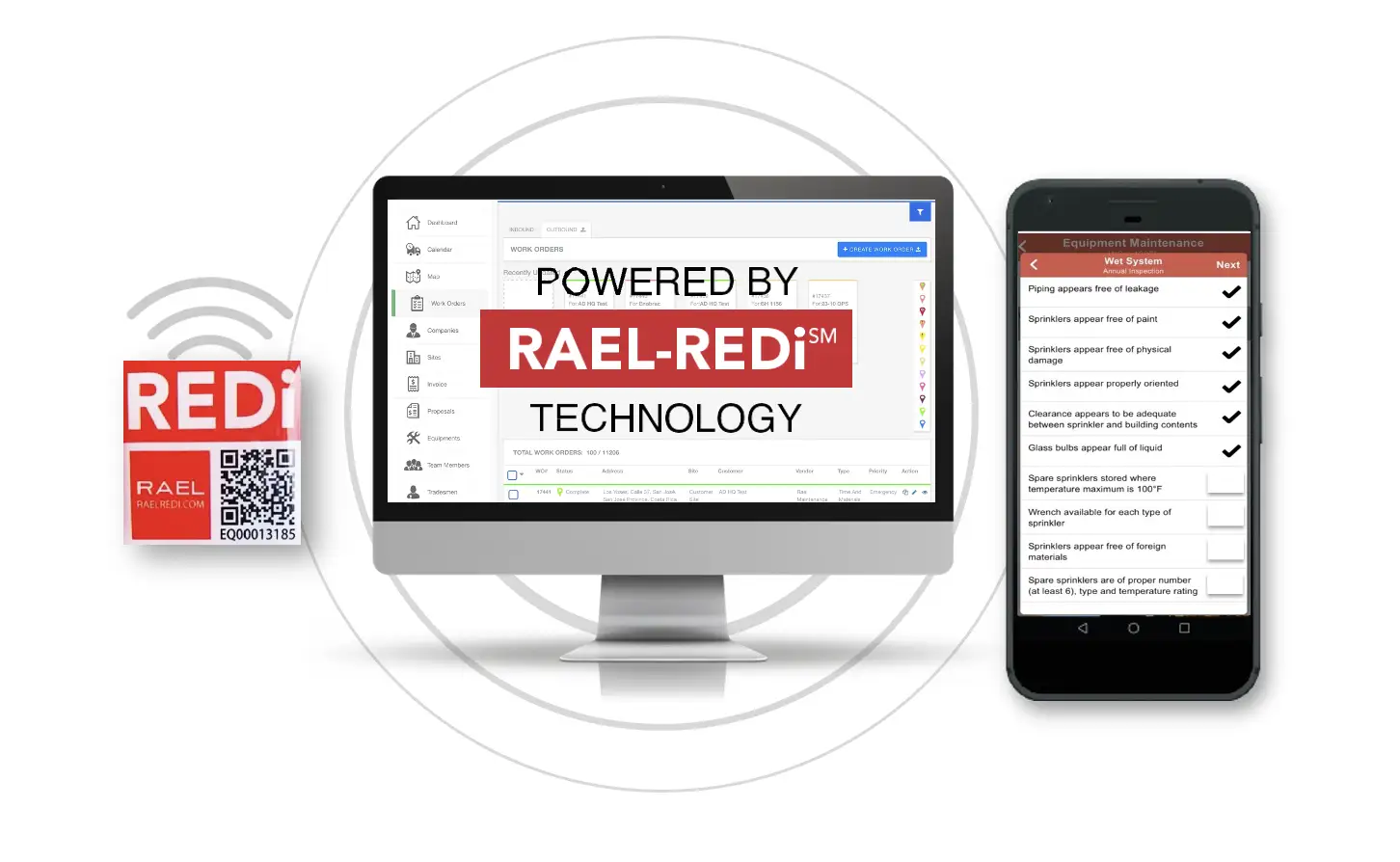 RAEL-REDi technology platform displayed on a desktop monitor and mobile device, featuring fire protection equipment maintenance checklists and a QR code for digital compliance tracking.